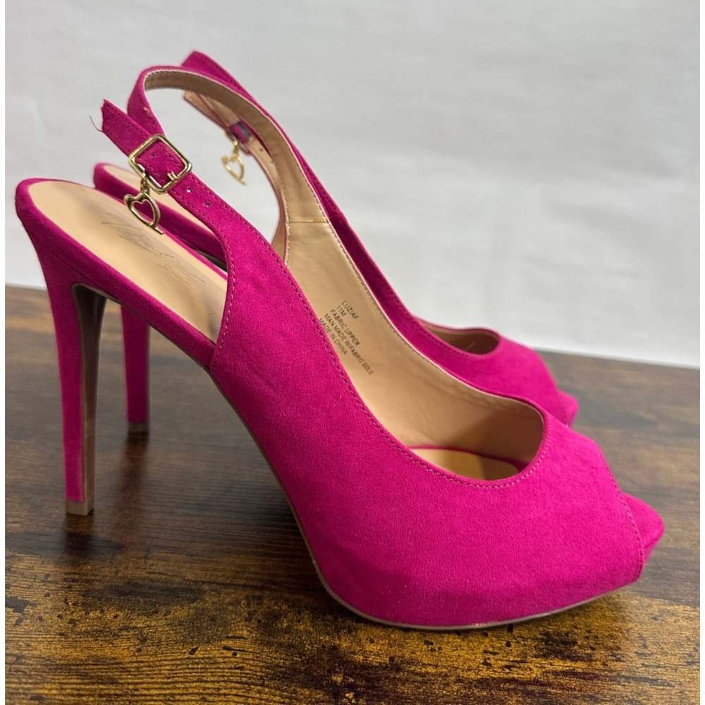 Thalia Sodi Luziaf Fuchsia Pink Faux Suede Pumps Peep Toe Slingback Heels 11 M - Picture 13 of 14